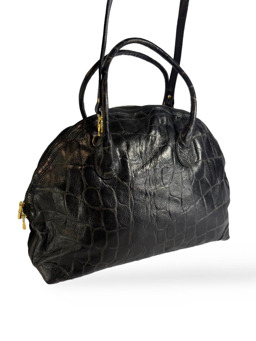 Black Croc-Embossed Dome Satchel with Dual Handles